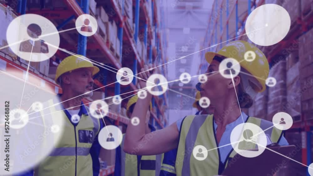 Poster animation of network of profiles over team of supervisors an workers checking stock at warehouse