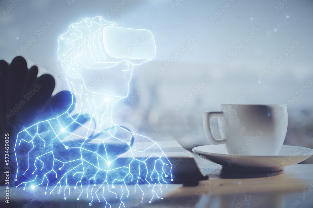 Poster Double exposure of vr glasses drawing and desktop with coffee and items on table background. Concept of Augmented reality.
