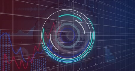 Animation of round scanner and statistical data processing over spinning globe on purple background - Powered by Adobe