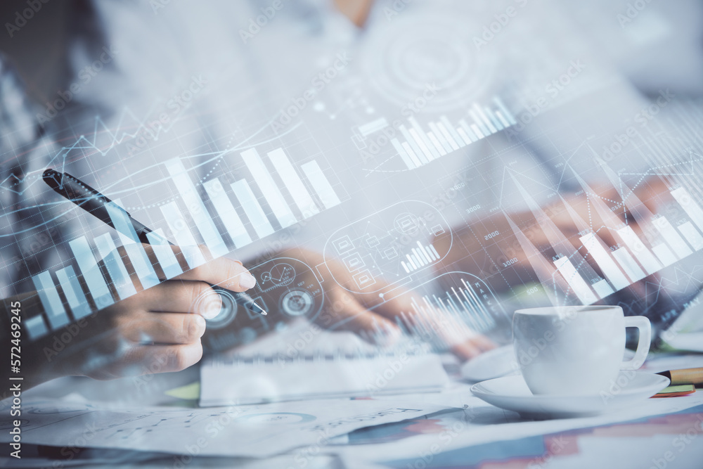 Poster double exposure of forex graph drawing over people taking notes background. concept of financial ana