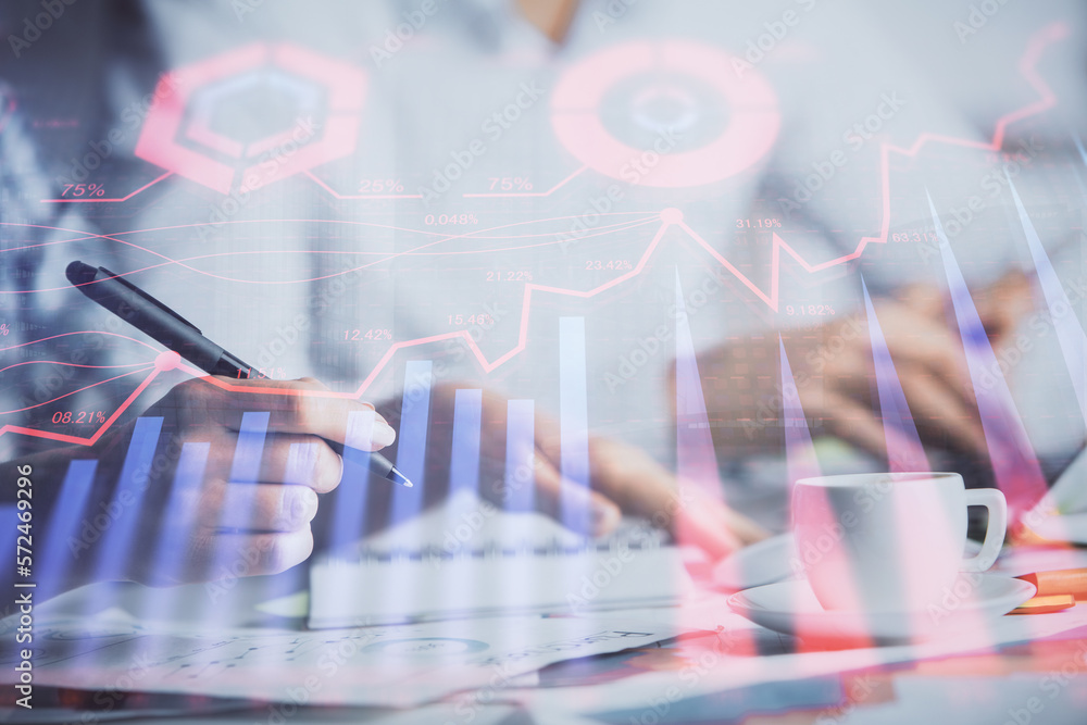 Poster double exposure of forex graph drawing over people taking notes background. concept of financial ana