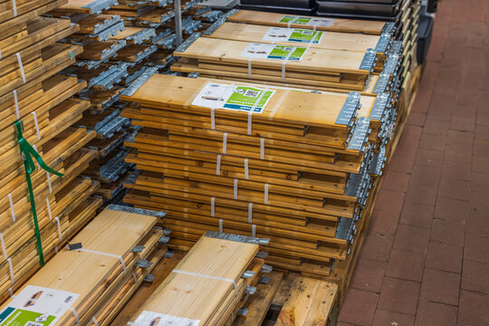 Close up view of withdrawn wooden pallet collars for gardening and storage. Sweden. 