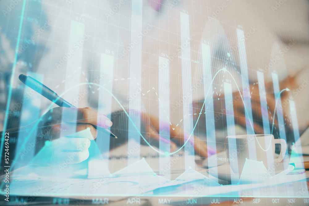 Poster double exposure of forex graph drawing over people taking notes background. concept of financial ana
