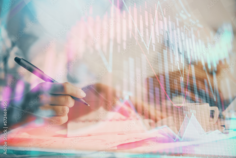 Poster double exposure of forex graph drawing over people taking notes background. concept of financial ana