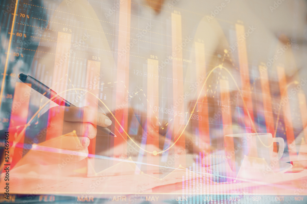 Poster double exposure of forex graph drawing over people taking notes background. concept of financial ana