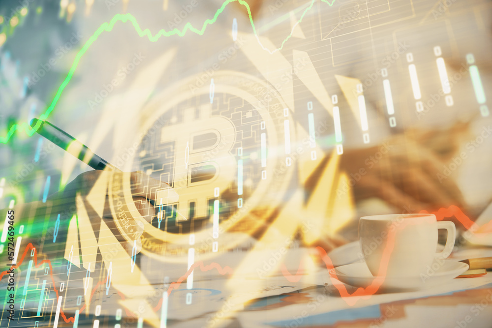 Poster double exposure of blockchain theme drawing over people taking notes background. concept of cryptocu
