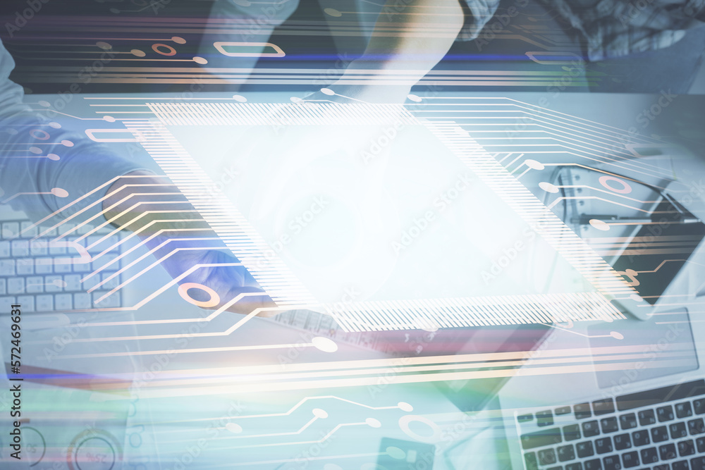 Poster double exposure of man and woman working together and data theme hologram drawing. computer backgrou