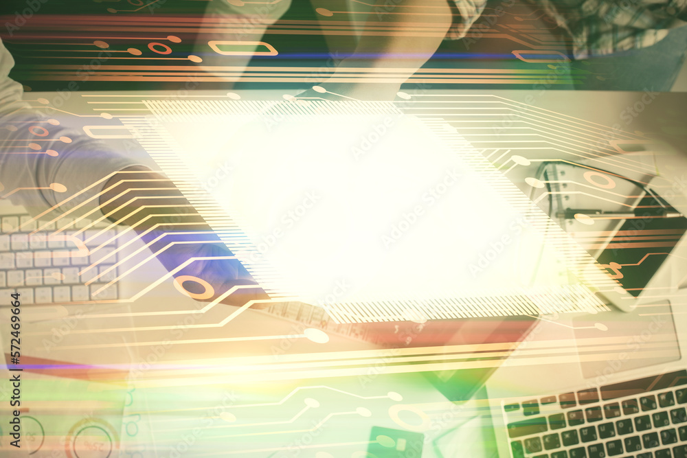 Poster double exposure of man and woman working together and data theme hologram drawing. computer backgrou