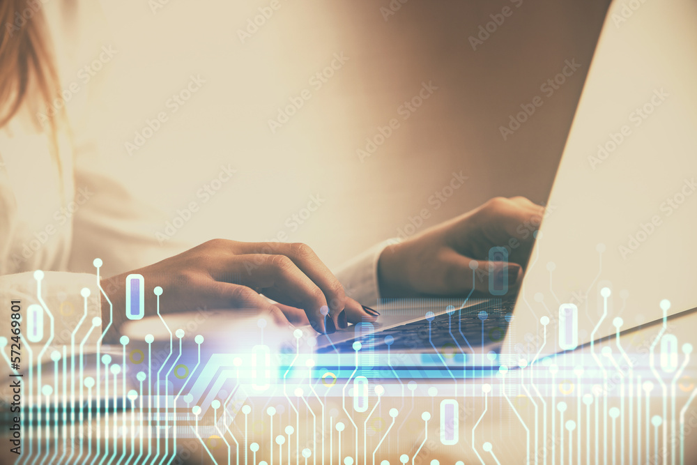 Poster Multi exposure of woman hands working on computer and data theme hologram drawing. Tech concept.