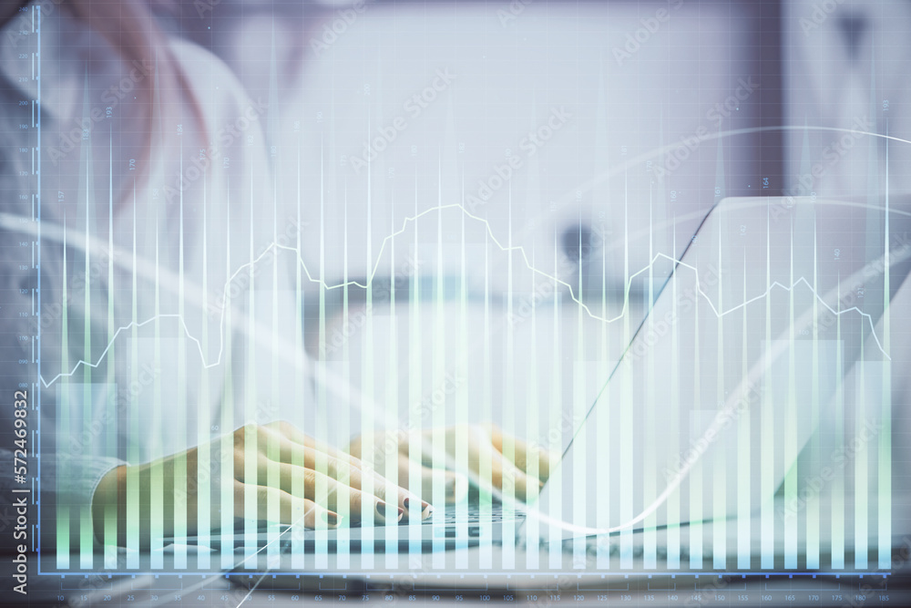 Poster double exposure of woman hands working on computer and forex graph hologram drawing. financial analy