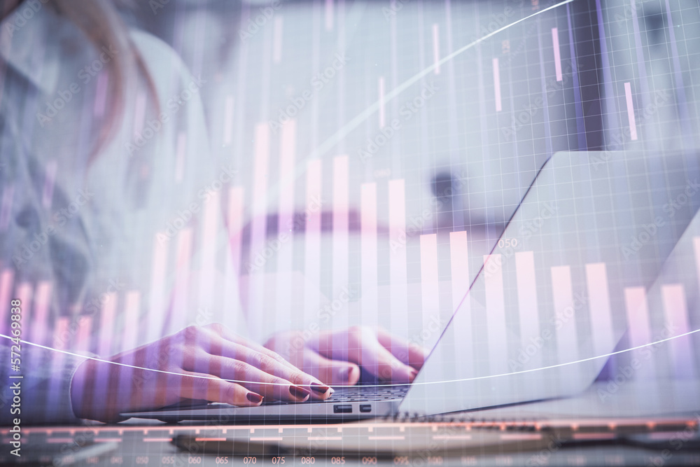 Poster double exposure of woman hands working on computer and forex graph hologram drawing. financial analy