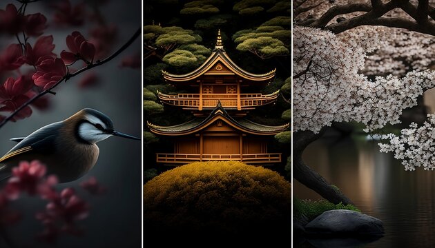 Symbols of Japan, Japanese temple, cherry blossom.