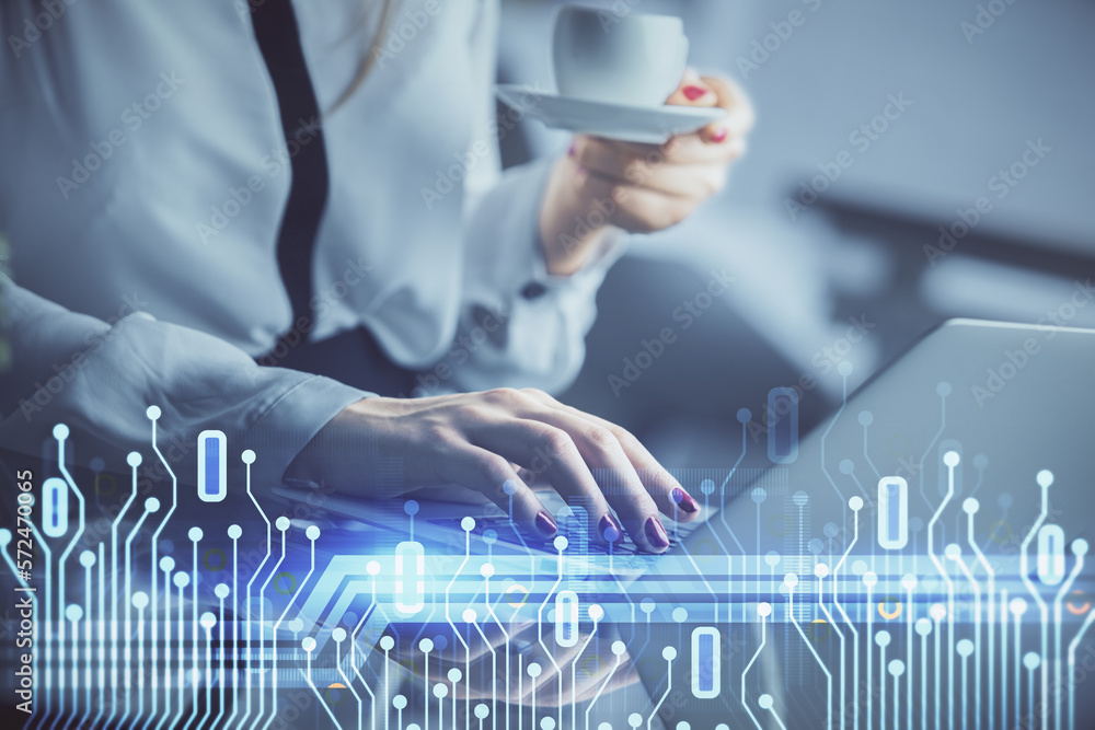 Poster multi exposure of woman hands working on computer and data theme hologram drawing. tech concept.