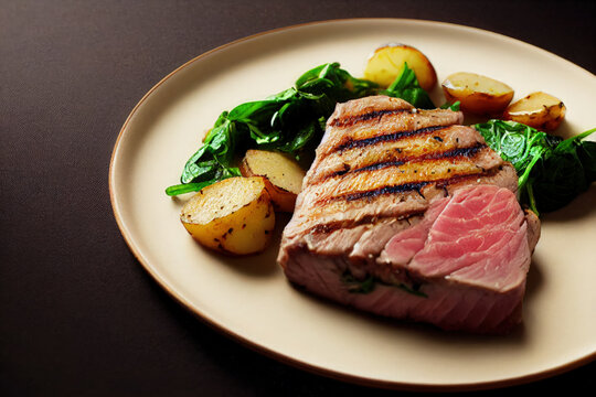 plate with Grilled Tuna Steak with Potatoes and Spinach, Generative AI