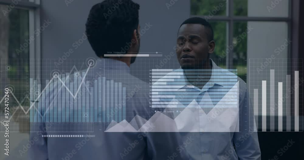 Poster animation of interface with data processing over two diverse men discussing at office