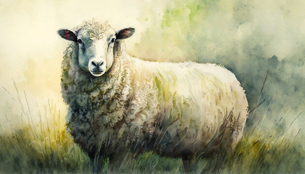 Closeup portrait of a sheep on a pasture. Watercolor painting made with generative AI.