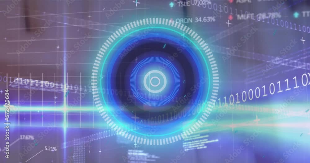 Poster animation of illuminated circles over trading board, binary codes, graphs and computer language