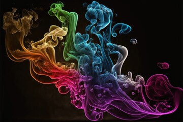 Fototapeta premium Colourful smoke in upward motion on black background. Generative ai composite