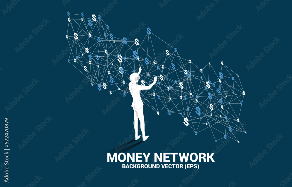 Poster silhouette man wear vr glasses with dollar icon from polygon dot connect line. concept for digital m