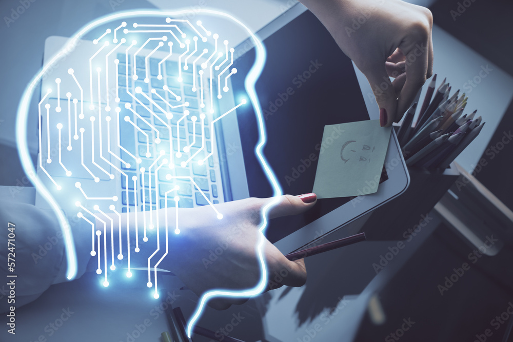 Poster multi exposure of woman hands working on computer and human brain hologram drawing. ai tech concept.
