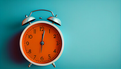 Orange clock in front of plain sky blue wall background and text area space created with Generative AI Technology