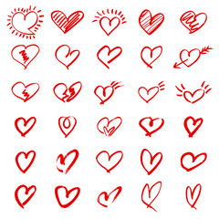 Red hearts set of hand drawn sketch heart icons.