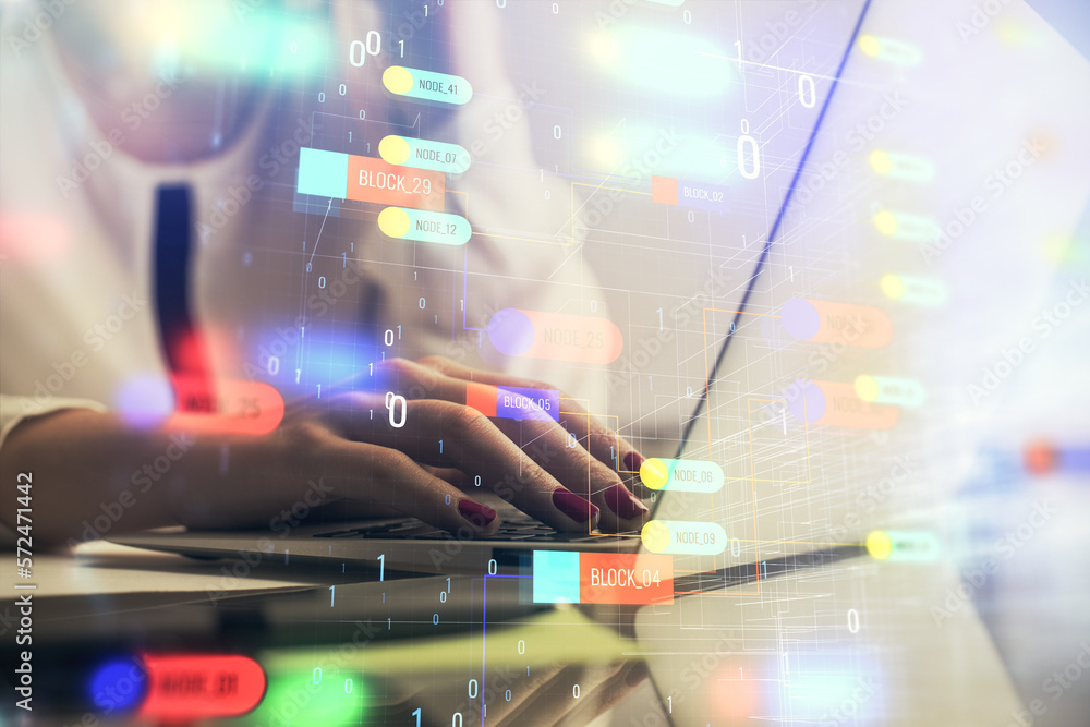Poster multi exposure of woman hands working on computer and data theme hologram drawing. tech concept.