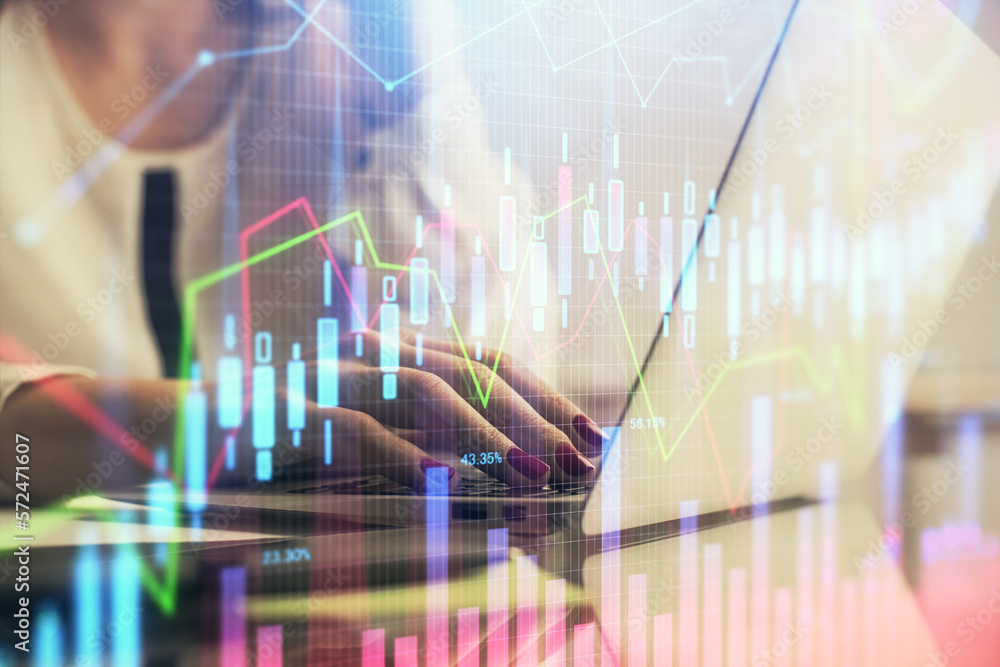 Aufkleber multi exposure of woman hands typing on computer and financial graph hologram drawing. stock market 