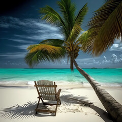 Obraz na płótnie Canvas Wooden chair underneath a palm tree on the beach generative ai 