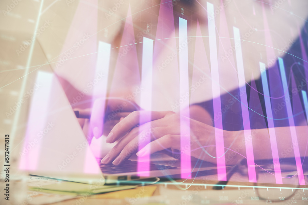 Aufkleber multi exposure of woman hands typing on computer and financial graph hologram drawing. stock market 