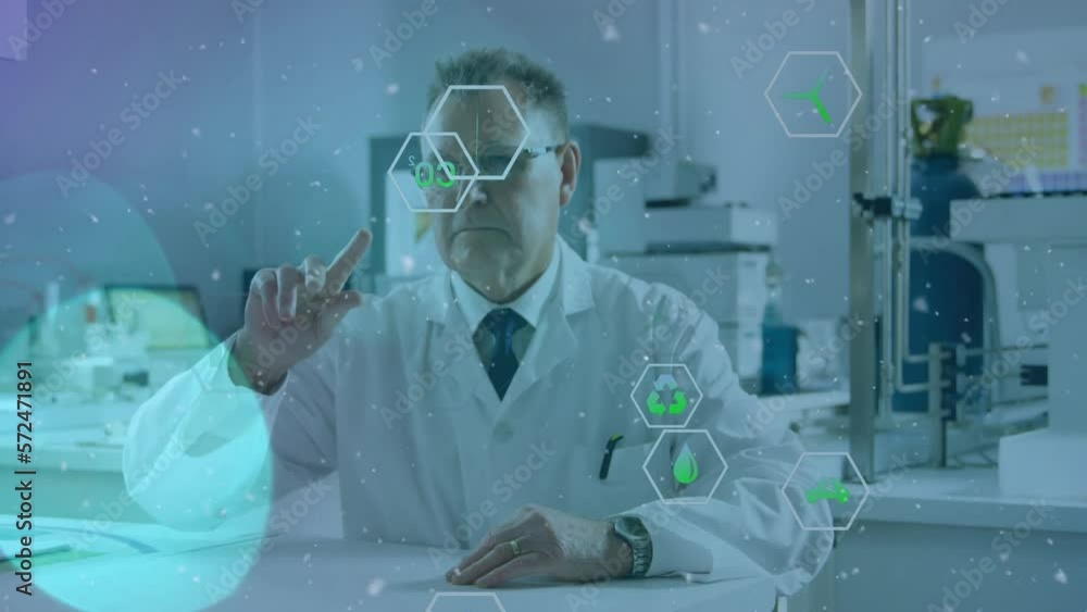Aufkleber animation of icon in hexagons over senior caucasian scientist swiping on futuristic screen in lab