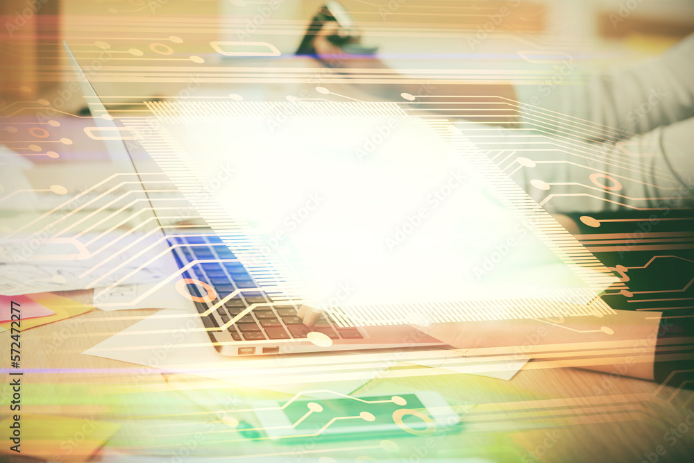 Fototapete Multi exposure of woman hands working on computer and data theme hologram drawing. Tech concept.