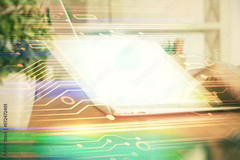 Poster double exposure of woman hands working on computer and data theme hologram drawing. tech concept.