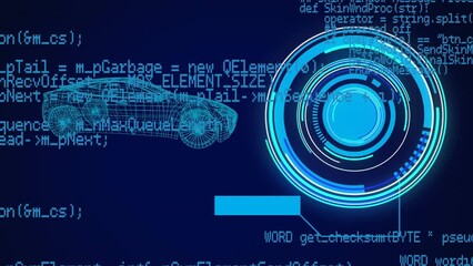 Animation of neon round scanner and data processing over 3d car model against blue background - Powered by Adobe
