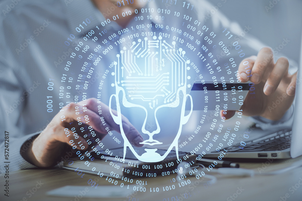 Poster Double exposure of man hands typing on computer with credit card and brain theme drawing. E-commerce and AI concept.