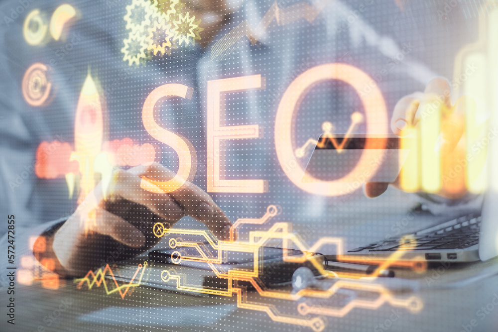 Poster double exposure of man hands holding a credit card and seo drawing. search engine optimization in in