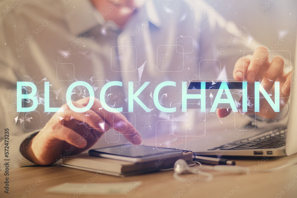 Poster double exposure of man hands holding a credit card and crypto business theme drawing. digital blockc