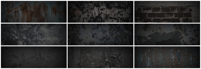 Set of dark panoramic background textures. Collection of wide textures with peeling paint, cracks, rust, scratches, noise and grain. Rough surfaces of old walls. Bundle of backgrounds for design.