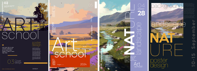 Art school. Nature, summer landscape. Set of vector illustrations. Flat design. Typography. Background for a poster, t-shirt or banner.