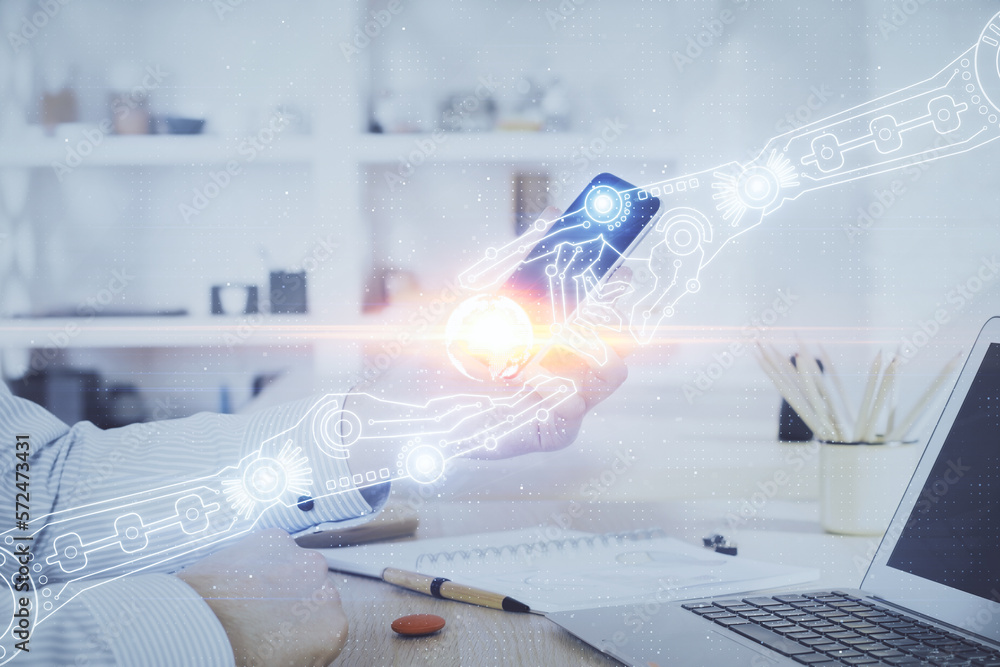 Poster double exposure of man's hand holding and using a digital device and data theme hologram drawing. te