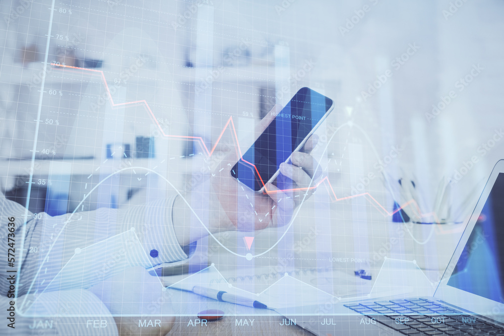 Aufkleber double exposure of man's hands holding and using a digital device and forex graph drawing. financial