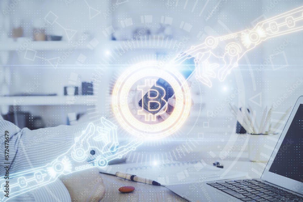 Poster double exposure of man's hands holding and using a phone and crypto currency blockchain theme drawin