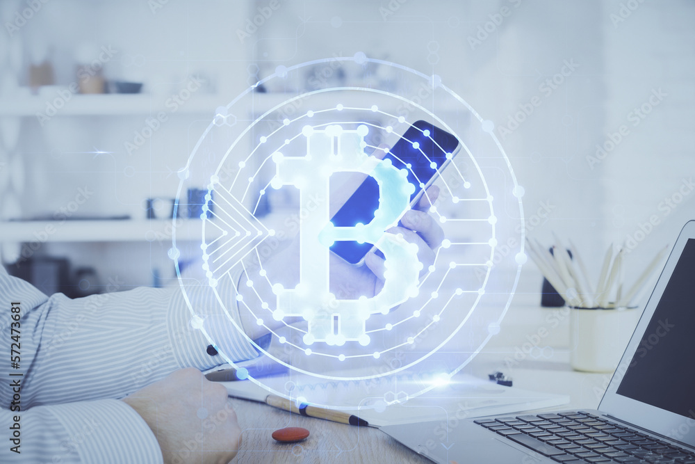 Poster Double exposure of man's hands holding and using a phone and crypto currency blockchain theme drawing.