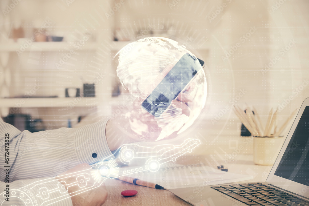 Poster Multi exposure of man's hands holding and using a digital device and map drawing. International business concept.