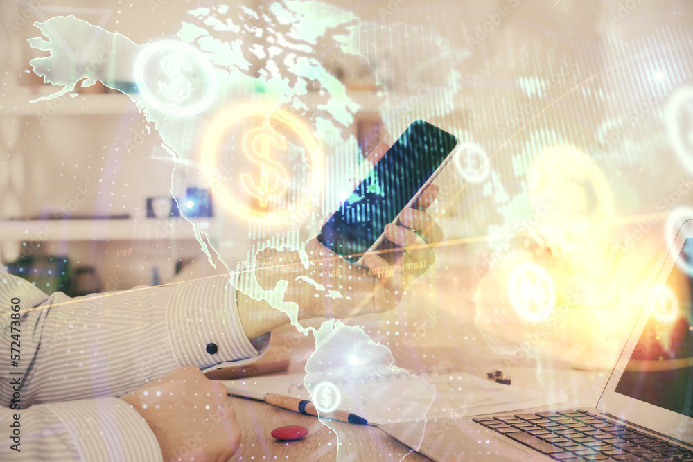 Poster double exposure of man's hands holding and using a digital device and forex graph drawing. financial