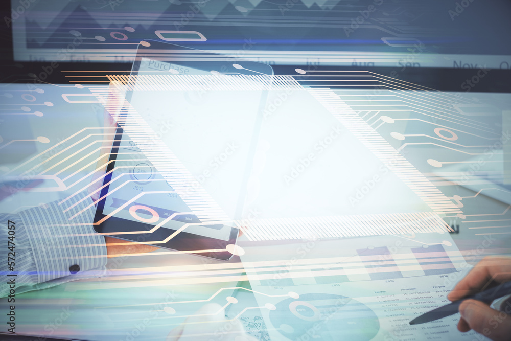 Poster double exposure of man's hand holding and using a digital device and data theme hologram drawing. te