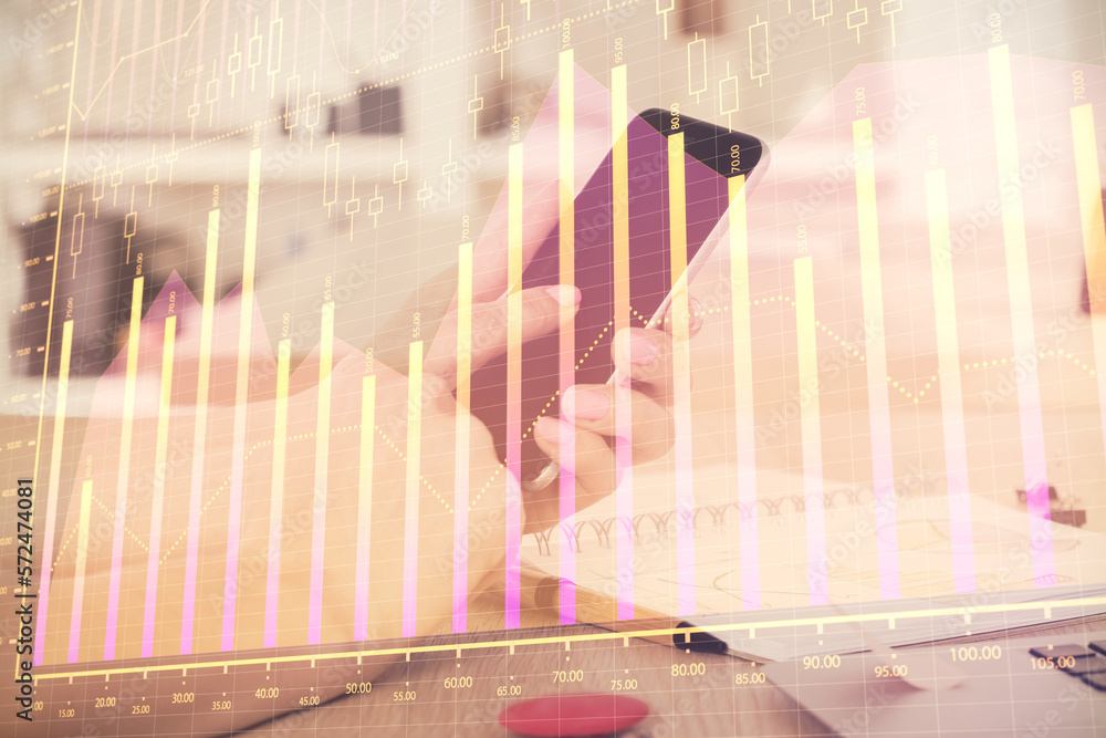 Poster double exposure of man's hands holding and using a digital device and forex graph drawing. financial