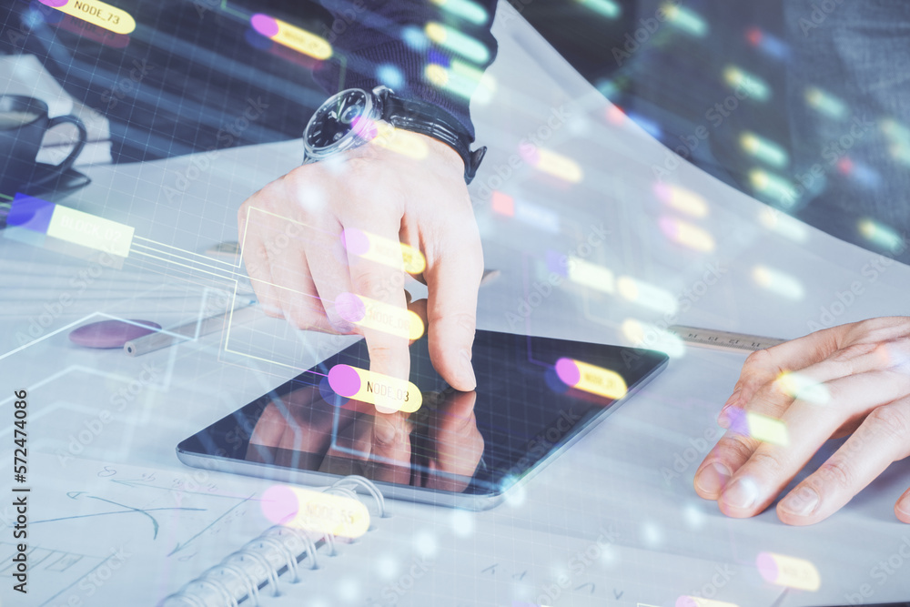Poster double exposure of man's hand holding and using a digital device and data theme drawing. technology 