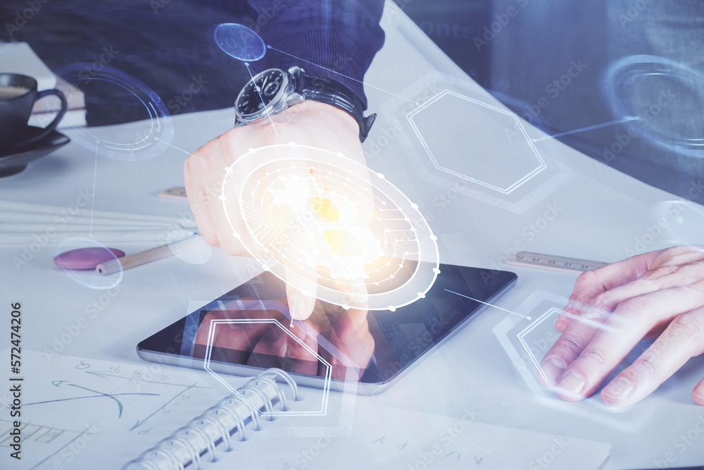 Poster Double exposure of man's hands holding and using a phone and crypto currency blockchain theme drawing.