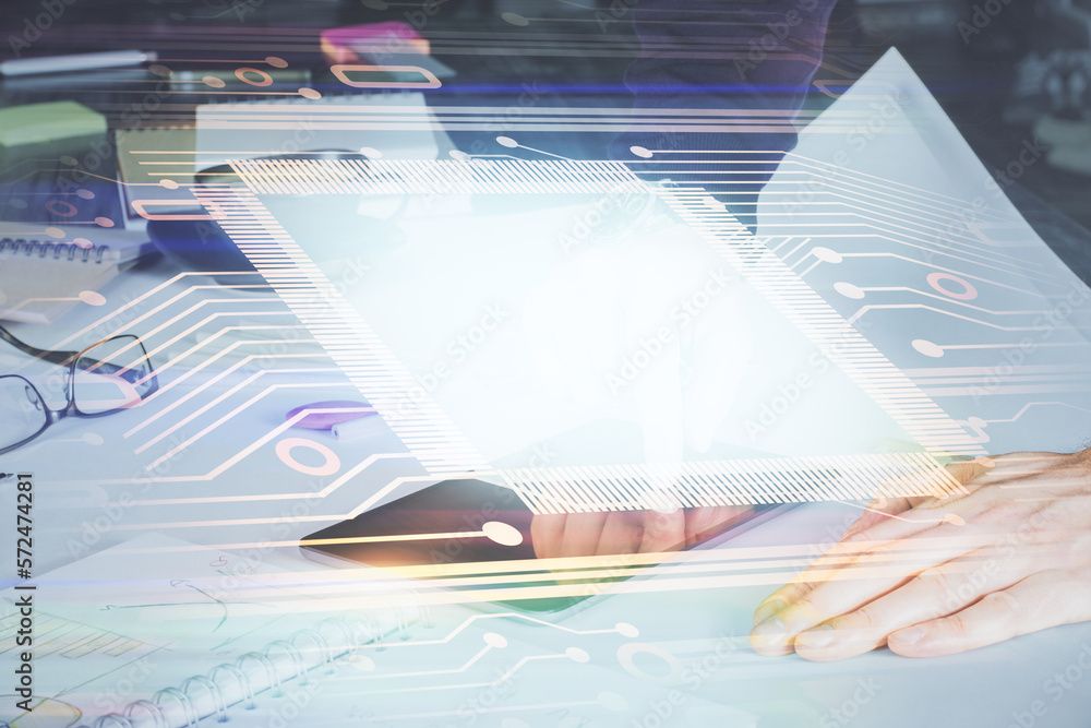 Poster Double exposure of man's hand holding and using a digital device and data theme drawing. Technology concept.